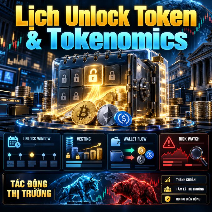 An infographic titled 'Lịch Unlock Token & Tokenomics' featuring a vault with padlocks, cryptocurrency coins (Bitcoin, Ethereum), and sections labeled Unlock Window, Vesting, Wallet Flow, and Risk Watch, with Vietnamese text about market impact.
