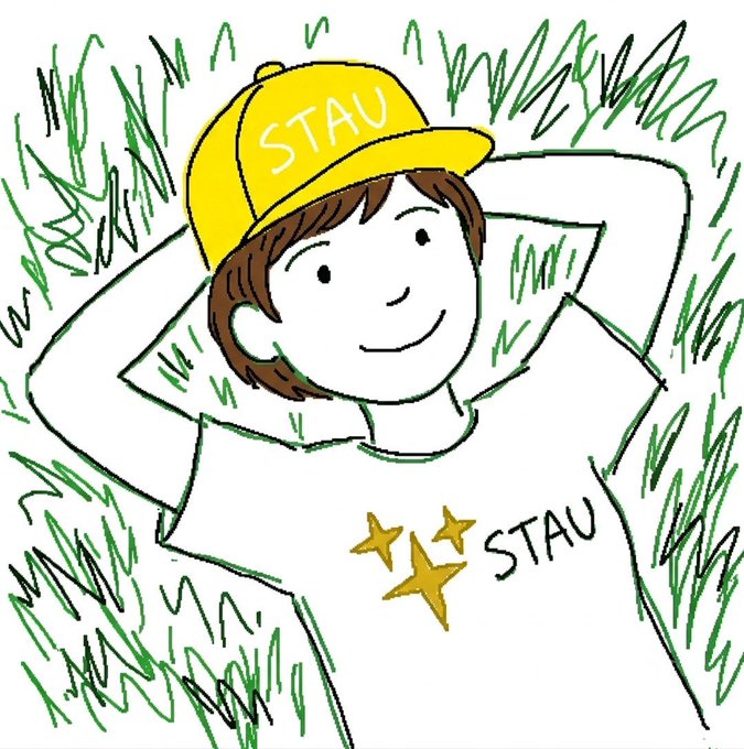 A hand-drawn MS Paint-style illustration of a smiling person wearing a yellow 'STAU' cap and a white 'STAU' t-shirt, lying in green grass.