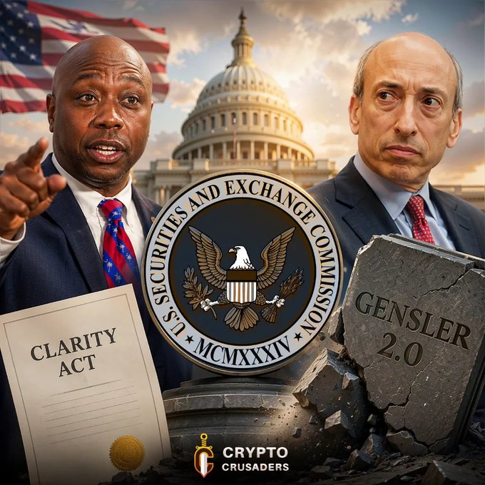 A composite political image showing two men, the U.S. Capitol, the SEC seal, a document labeled 'CLARITY ACT', a tombstone reading 'GENSLER 2.0', and a 'CRYPTO CRUSADERS' logo.