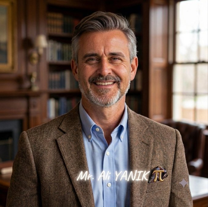 Portrait of a smiling older man with gray hair and beard wearing a brown blazer and blue shirt in a wood-paneled library, labeled 'Mr. AI YANIK' with a graduation cap and Pi emoji.
