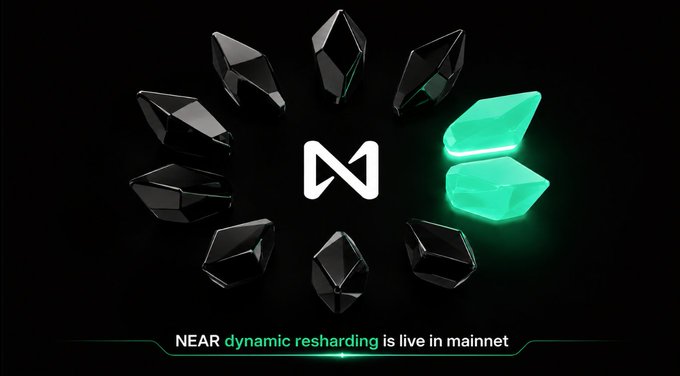NEAR cryptocurrency promotional graphic showing black and glowing green crystal shards around the NEAR logo with text 'NEAR dynamic resharding is live in mainnet'.