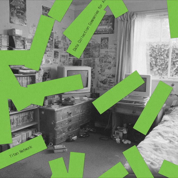 The image shows a bedroom with a desk, two TVs, and various items scattered around. The room has green tape covering some of the objects, creating an interesting visual effect. There are also books visible in the scene, adding to the overall atmosphere of the space.