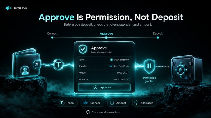 The image, branded with the HertzFlow logo, displays an "Approve" transaction interface for depositing 1,000 USDT (Testnet) to the HertzFlow Pools contract, featuring a central permission-granting screen flanked by wallet and vault graphics. It visually reinforces the post's message that an "Approve" step only grants permission, and a separate "Deposit" action—highlighted in the progress bar at the top—is required to actually complete the funding.