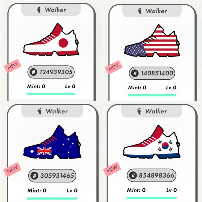 The image shows four different designs of sneakers, each with a unique color scheme representing various countries - red, white, black, and blue. The sneakers are displayed against a white background, making them stand out prominently. The caption below the image reads "#STEPN Thank you very much for the 2026 versions!!". This suggests that the sneakers have been ordered or purchased in the past year, as indicated by the # STEPN hashtag.