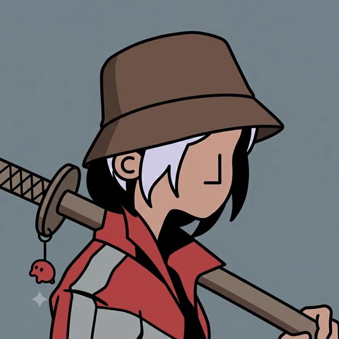 An anime-style illustration of a character wearing a brown bucket hat and red jacket, carrying a katana with a red ghost charm on the hilt.