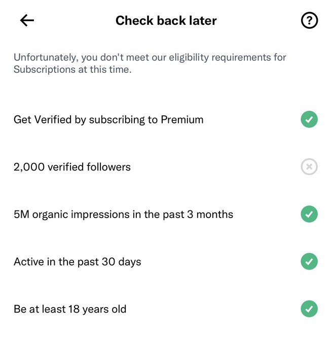 A screenshot from Threads shows eligibility requirements for Subscriptions, listing five criteria: "Get Verified by subscribing to Premium," "2,000 verified followers," "5M organic impressions in the past 3 months," "Active in the past 30 days," and "Be at least 18 years old." The user has met four of the five but is blocked by the 2,000 verified followers requirement, humorously tied to the caption "Wen me" expressing impatience about reaching that milestone.
