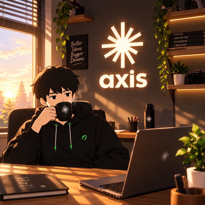 An anime-style illustration shows a young man in a black hoodie drinking from a mug at a desk, with an 'axis' logo prominently displayed on the wall behind him.