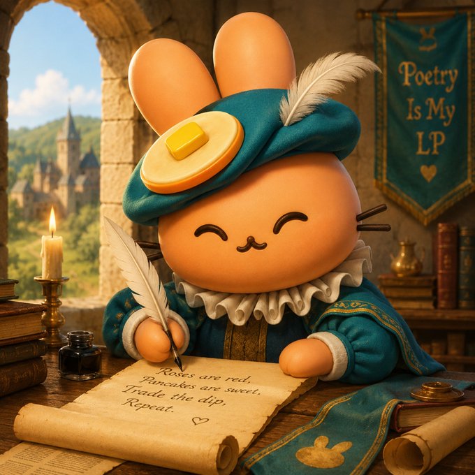 An adorable cartoon bunny in Renaissance attire writes a playful poem on parchment reading "Roses are red, pancakes are sweet, Trade the dip, Repeat," while a banner behind declares "Poetry Is My LP." The whimsical image ties into the post's poetic riddle by personifying PancakeSwap's liquidity pool as a patient, steady bunny poet, mirroring the stock's calm, steady market presence described in the verse.