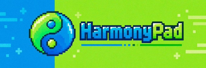 A pixel art logo for 'HarmonyPad' featuring a green and blue yin-yang symbol on a split blue and green background.