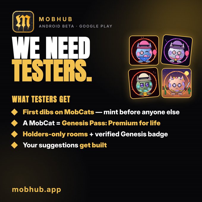 Promotional graphic for MOBHUB Android Beta on Google Play seeking testers, offering first mints on MobCats NFT characters and Genesis Pass Premium lifetime membership.