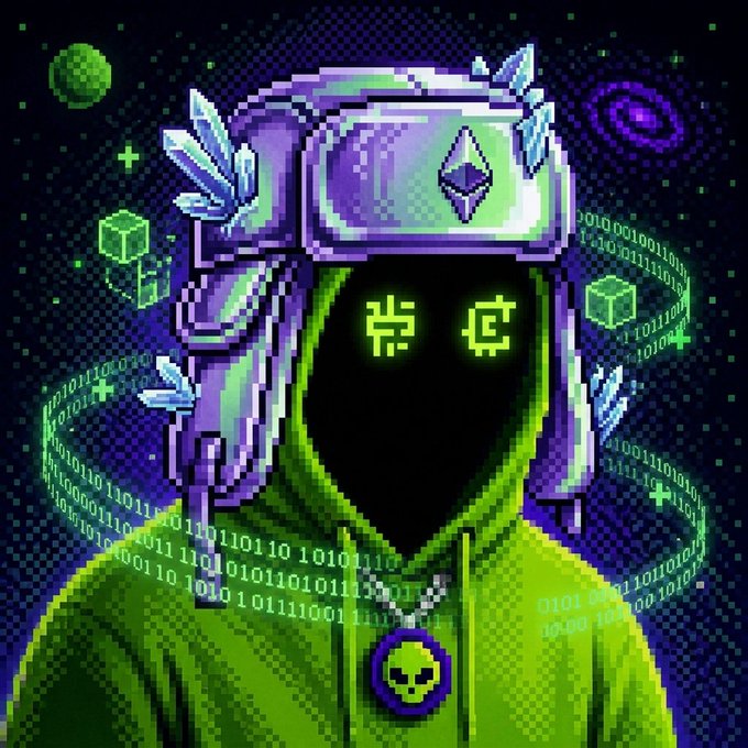 A pixel art illustration of a mysterious figure in a green hoodie with a black face featuring glowing green cryptocurrency-style eyes, wearing a VR headset and a Bitcoin necklace, surrounded by digital elements.