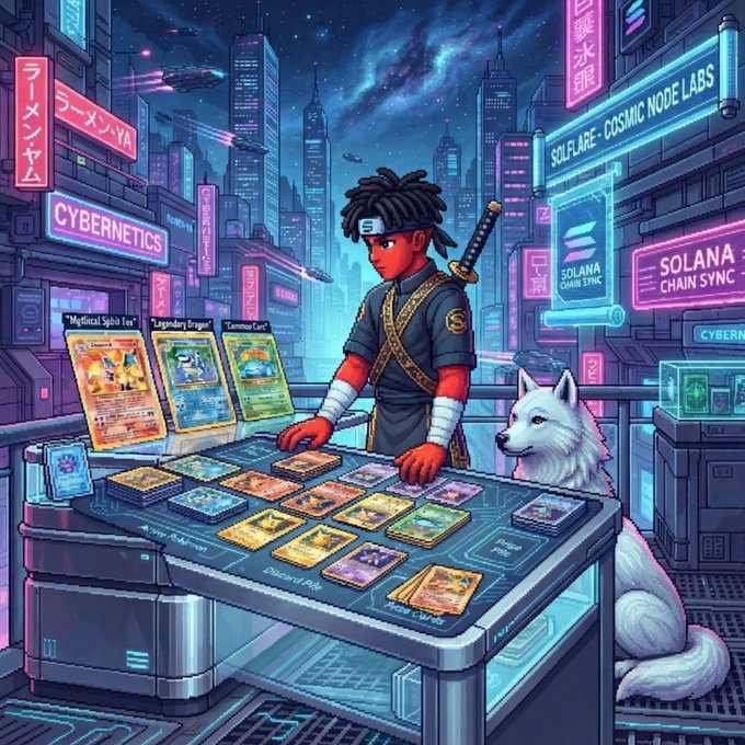 A vibrant digital illustration depicting a character with dreadlocks playing a card game at a table in a futuristic cyberpunk cityscape, with references to Solana Chain Sync, Cybernetic Labs, and Cosmic Node Labs.