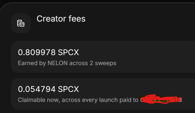 The image shows a dark-themed UI panel titled "Creator fees" displaying two sections: 0.809978 SPCX earned by NELON across 2 sweeps, and 0.054794 SPCX claimable now across every launch paid to a redacted name. This screenshot illustrates the creator fees earned from launching memecoins, supporting the post's claim about making money through SpaceX ($SPCX) memecoin pairings on Pons.