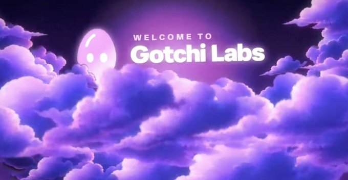 A purple-tinted sky filled with soft clouds features a small ghost-like mascot alongside the text "WELCOME TO Gotchi Labs," visually introducing the brand behind Sleepagotchi. The dreamy, ethereal aesthetic mirrors the post's message of building health-focused habits (like sleep) before expanding into the broader Gotchi Labs ecosystem.