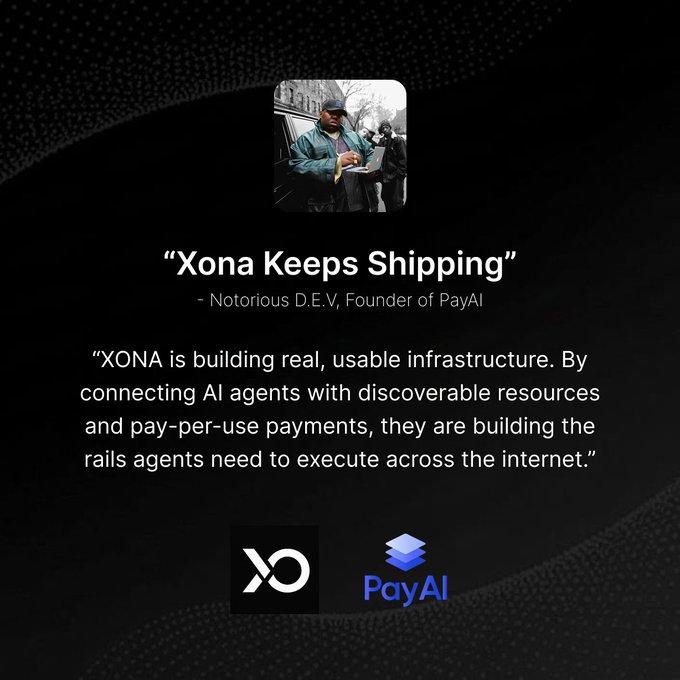 The image features a black background with white text. The main focus of the image is an advertisement for a payment processing company called "XONA Keeps Shipping", which promotes their services as a means to connect agents with discoverable resources, enabling them to execute payments efficiently across the internet.