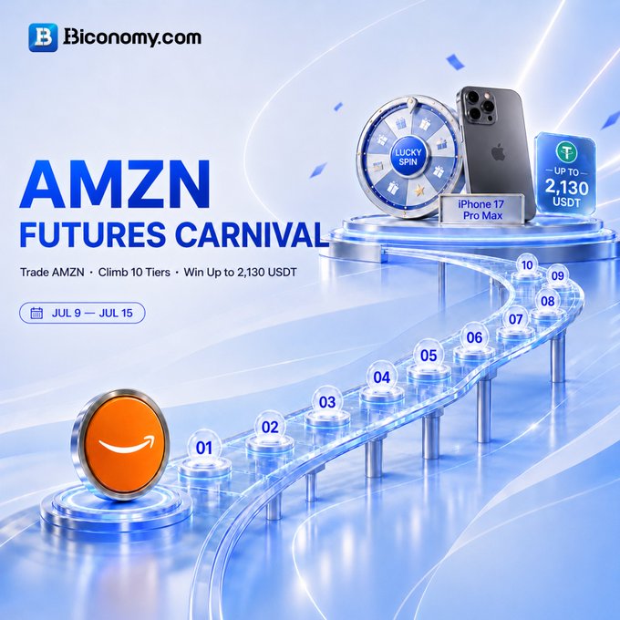 The image is a promotional banner for Biconomy.com's "AMZN Futures Carnival," featuring a 10-tier climb illustration leading to a "Lucky Spin" wheel with prizes including an iPhone 17 Pro Max and up to 2,130 USDT, running from July 9 to July 15. The Amazon logo appears at the base of the tiered path, visually reinforcing the campaign's call to trade AMZNUSDT Perpetual contracts.