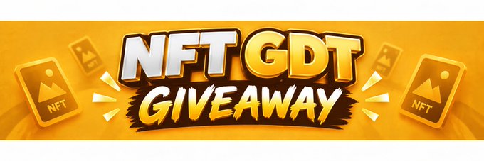 A promotional banner with bold yellow and white text reading 'NFT GDT GIVEAWAY' on an orange background with floating NFT icons.
