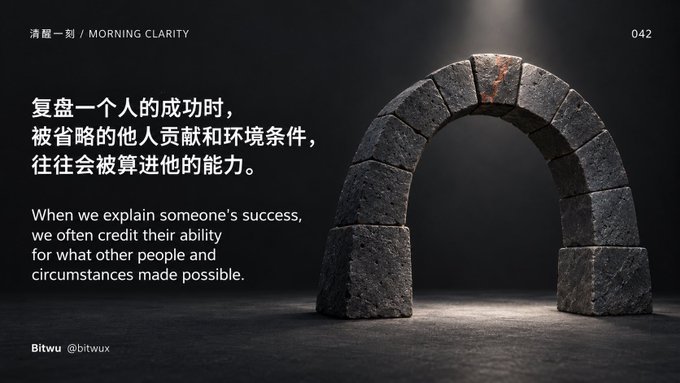 A dark-themed motivational graphic titled 'MORNING CLARITY' featuring a stone arch and text in both Chinese and English stating: 'When we explain someone's success, we often credit their ability for what other people and circumstances made possible.'