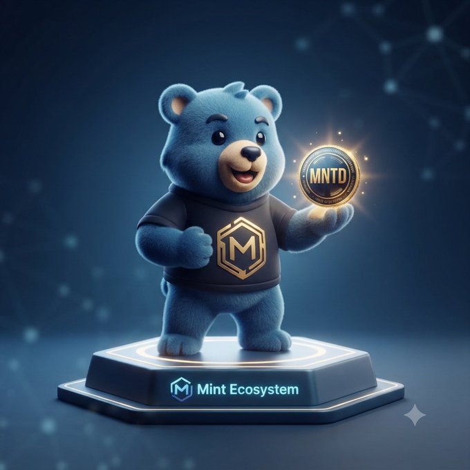 A 3D-rendered blue bear mascot wearing a dark shirt with a gold 'M' logo, holding a glowing MNTD coin, standing on a hexagonal pedestal labeled 'Mint Ecosystem'.