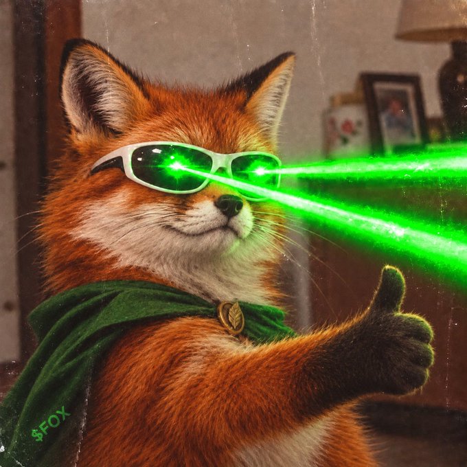 A digitally created image of a fox wearing white sunglasses that emit green laser beams, dressed in a green cape/cloak fastened with a leaf brooch, giving a thumbs-up gesture.
