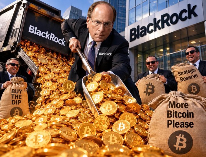 A satirical illustration depicting a BlackRock executive shoveling gold Bitcoin coins with other men holding sacks labeled 'BUY THE DIP,' 'Strategic Reserve,' and 'More Bitcoin Please' in front of a BlackRock building.