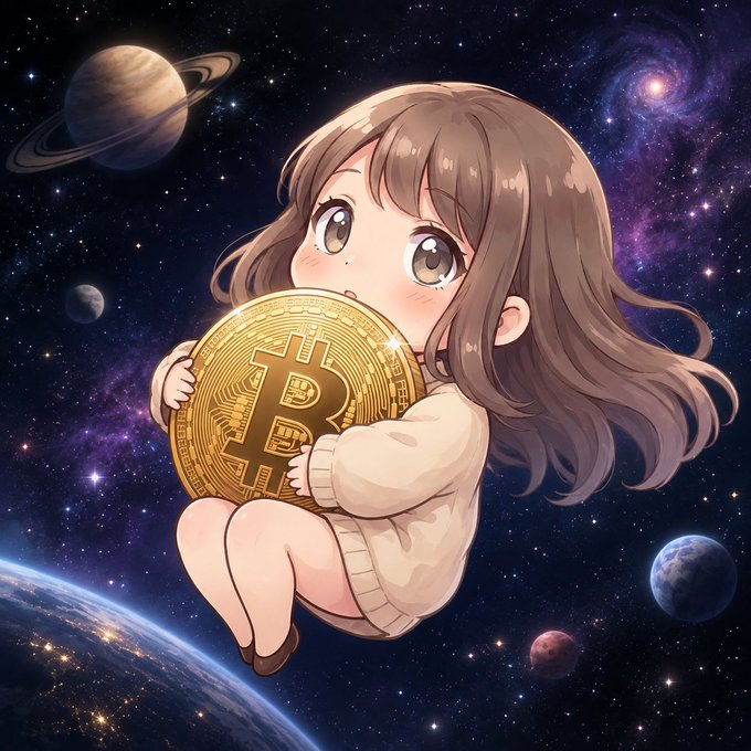 An anime-style digital illustration depicts a young girl floating in outer space, clutching a large golden Bitcoin coin, with Saturn, other planets, and a galaxy visible in the starry background.