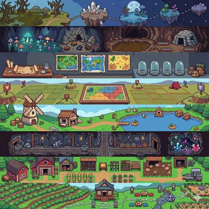 The image features a cartoon-style map of a farm, with various elements such as buildings, trees, and other objects that are part of a farming environment. The farm appears to be located near a river or stream, adding to its charm. The map is divided into multiple layers, showcasing different aspects of the farm's layout and design. 

The post includes an image of a cartoon-style map with various elements such as buildings, trees, and other objects that are part of a farming environment. It also contains text that reads "Our Bright Future... @0xSunflowerLand x Ronin_Network Join now before late... Click here and get valueable starterpack #SunflowerLandFarm #SunflowerLandWeekly #GameFi #Web3 #FreeToPlay #PlayToEarn #RoninCreator". The post seems to be promoting a farming-themed game or activity, possibly related to the farm depicted in the image.