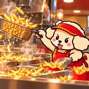An animated cartoon dog wearing a red cap and apron holds up a basket of fries over trays of fries in a kitchen setting.