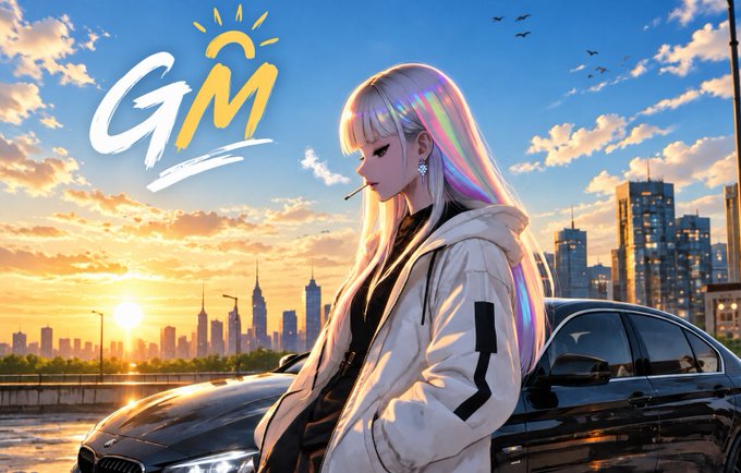 An anime-style illustration features a girl with long, iridescent white hair smoking a cigarette next to a black car, with a city skyline at sunset in the background and 'GM' stylized with a sun graphic in the top left.