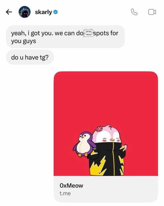 A Telegram message from user 'skarly' offering spots and asking 'do u have tg?' followed by a profile card for '0xMeow' on t.me, featuring an illustration of a penguin and a cat character on a red background.