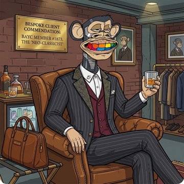 A cartoon illustration of a Bored Ape-style NFT monkey in a pinstripe suit holding a whiskey glass, labeled 'BESPOKE CLIENT COMMENDATION: BAYC MEMBER #1873, THE "NEO-CLASSICIST".'