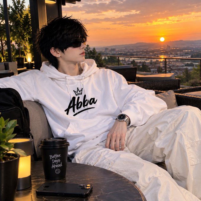 An AI-generated image of a young man wearing sunglasses and a white 'Abba' hoodie, relaxing on a rooftop terrace at sunset with a 'Better Days Ahead' coffee cup beside him.