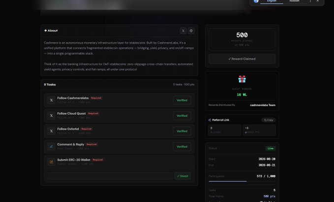 A dark-themed cryptocurrency dashboard displays "Cashmerald" information, showing a 500 USDT reward, 10 referral claims, and tasks like "Follow Cashmeraldabs," "Follow Cloud Quest," and a Twitter post requirement.