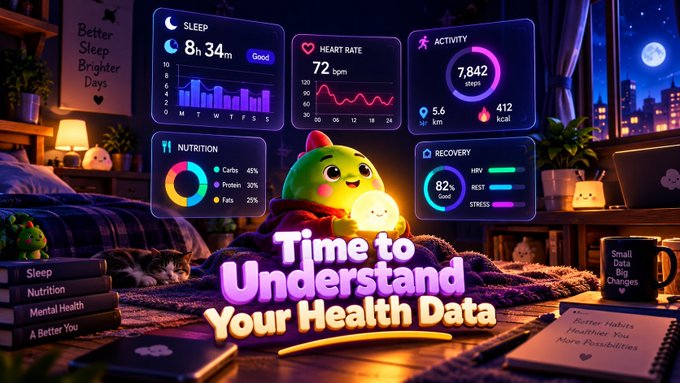 A cozy bedroom scene features a green cartoon character holding a glowing orb surrounded by health tracking widgets for sleep, heart rate, activity, nutrition, and recovery. The main text reads 'Time to Understand Your Health Data.'