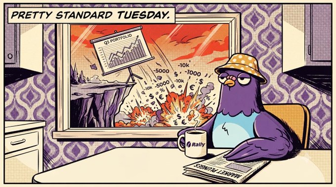 A comic illustration captioned 'PRETTY STANDARD TUESDAY' showing a purple bird in a bucket hat watching a Q3 Portfolio chart explode outside the window while sipping from a 'Rally' mug, with a Wall Street Journal newspaper nearby.