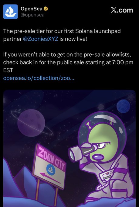 A 2022 OpenSea tweet announces a pre-sale for their first Solana launchpad partner @ZooniesXYZ, with public sales starting at 7:00 PM EST and linking to opensea.io/collection/zoo. The post highlights the abandoned Solana integration, featuring a cartoon green alien astronaut in space next to a "Zoon City" sign with the OpenSea logo.