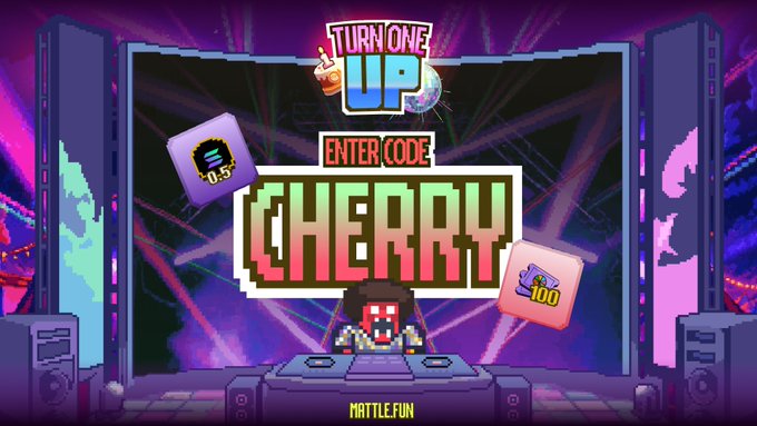 A colorful pixel-art promotion for “MATTLE.FUN” reads “TURN ONE UP” and “ENTER CODE CHERRY,” with a small red character on a console below.