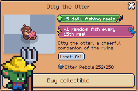 A video game interface showing an item called 'Otty the Otter' that provides '+5 daily fishing reels' and '+1 random fish every 15th reel', priced at 252/250 Otter Pebbles.