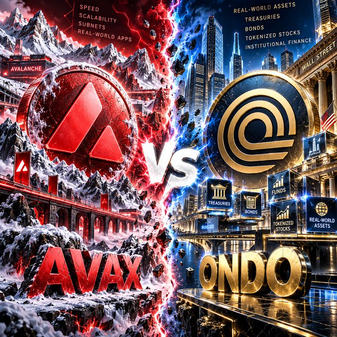 A dramatic versus-style graphic comparing AVAX (Avalanche) on the left with red snowy mountains labeled 'SPEED SCALABILITY SUBNETS REAL-WORLD APPS' against ONDO on the right with golden financial cityscape labeled 'REAL-WORLD ASSETS TREASURIES BONDS TOKENIZED STOCKS INSTITUTIONAL FINANCE'.