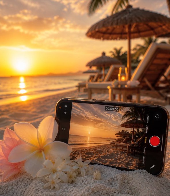 A smartphone rests on a sandy beach at sunset, framing a view of palm trees and beach umbrellas through its camera app, with white and yellow frangipani flowers placed beside it.