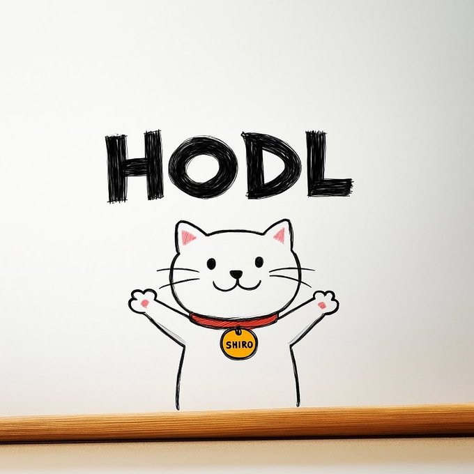 A drawing on paper featuring the word 'HODL' above a cute cartoon cat with raised paws and a collar tag reading 'SHIRO'.