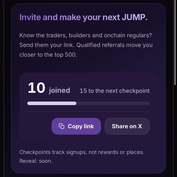 A referral program dashboard titled 'Invite and make your next JUMP' showing 10 joined with 15 to the next checkpoint, featuring Copy link and Share on X buttons.