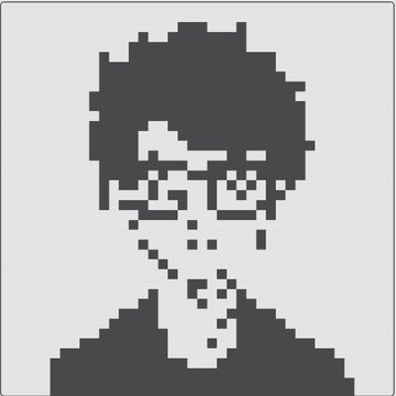 A pixel art black-and-white portrait of a person with glasses and a beard.