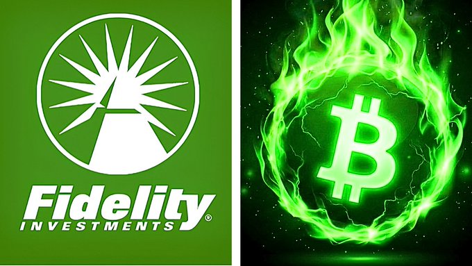 Side-by-side graphic featuring the Fidelity Investments logo on the left and a Bitcoin symbol engulfed in green flames on a black background on the right.