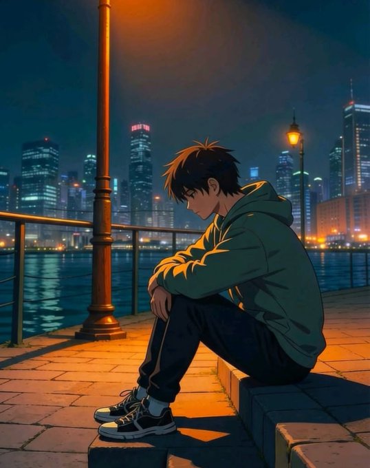 Anime-style illustration of a young man in a green hoodie sitting alone on a waterfront at night, with a city skyline and street lamps in the background.