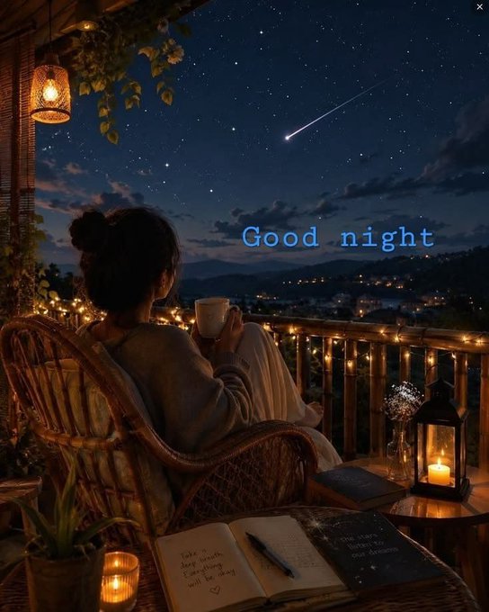 A cozy nighttime scene shows a woman sitting in a wicker chair on a balcony under a starry sky with a shooting star, holding a mug with the text 'Good night' overlaid in blue. Candles, fairy lights, and an open journal create a warm ambiance.