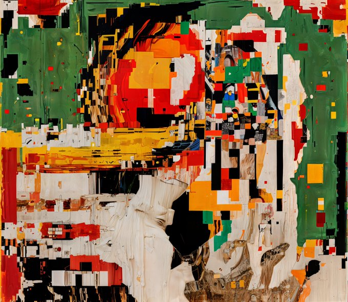 The image features a painting with an abstract style, predominantly green, red, yellow, and white colors. The artwork appears to be a collage or mixed media piece that includes elements of graffiti art. The artist has used various materials like paper cutouts, stickers, and paint splatters to create the composition. The painting is titled "gm! !" in the collection of @XCOPYART".