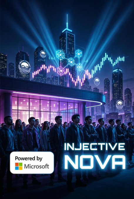 A futuristic nighttime cityscape shows a crowd gathered before a glowing venue, with "INJECTIVE NOVA" in bold neon lettering and a "Powered by Microsoft" badge, visually reinforcing the post's message about Injective's finance-focused blockchain and its exclusive Microsoft-powered accelerator opportunity.