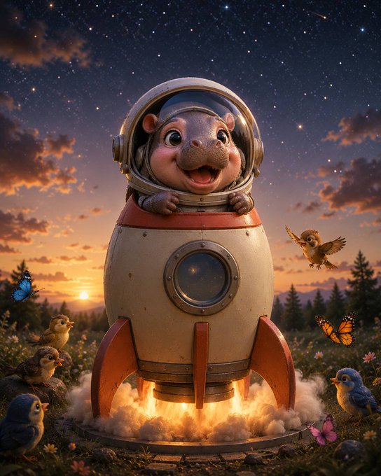 A cheerful hamster in a rocket helmet peers out from a launching spaceship while curious birds and butterflies gather around at sunset. The whimsical space-explorer scene fits the playful, moonshot spirit of the Brötchen memecoin pump announcement, with the rocket launch symbolizing the token's rising momentum on Solana.