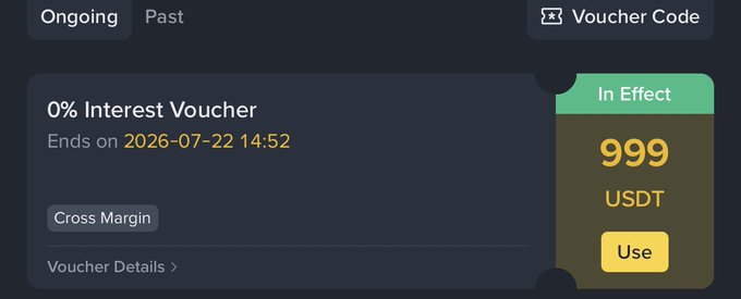 A screenshot from Binance displaying an active "0% Interest Voucher" worth 999 USDT, tagged "In Effect" and usable for Cross Margin, set to expire on 2026-07-22 14:52. This visually confirms the post's claim of unlocking a 999 USDT interest voucher reward on the platform.